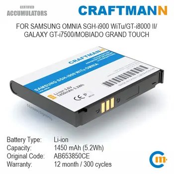 Batéria 1450mAh pre SAMSUNG OMNIA SGH-i900 WiTu/GT-i8000 II/GALAXY GT-i7500/MOBIADO GRAND TOUCH (AB653850CE)