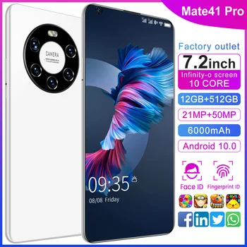Mate41 Pro SmartPhone 7.2 palcový Globálna Verzia Dual SIM Deca Core 6000mAh Android10 5G Mobilný Telefón Odblokovaný Na Sklade