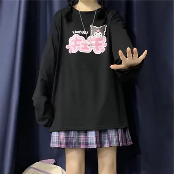 Nové Prípravka Tričko Ženy Tričko Japonskej IN College Cartoon Kuromi Tlač Voľné Dlhým rukávom T-shirt Žena Mäkké Dievča Študent