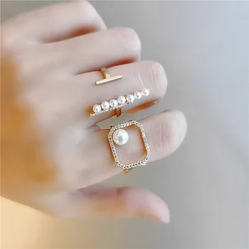 2020 Trendy Pozlátené Zirkón Nastaviteľné Prstene Pre Ženy Perly Geometrické Duté Sa Pár Snubných Prsteňov Módne Šperky Darček