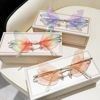 Móda Gradient Dragonfly Krídlo Bez Obrúčok Slnečné Okuliare Ženy 2020 Dizajn Značky Retro Červená Zelená Zrkadlo Šošovky, Slnečné Okuliare, Ženské Odtiene