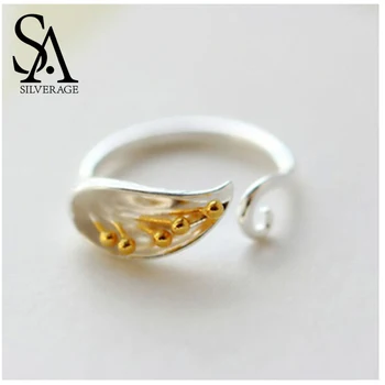 SA SILVERAGE Okamihu Reálne 925 Sterling Silver Vintage Gold Leaf Prstene pre Ženy Bijoux Prírodné Módne Šperky Nastaviteľné Krúžky