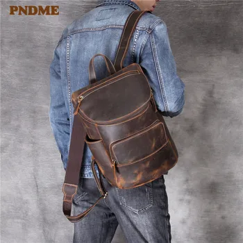 PNDME vysokej kvality jednoduché crazy horse kožené muži ženy batoh vintage pravej kože návrhár luxusných cestovných notebook bookbag