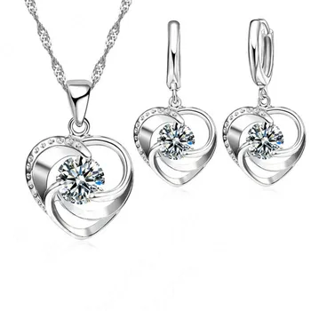 Nová Akcia Enagagement/Svadobné Šperky Set 925 Sterling Silver Srdce Prívesok Náhrdelník/Náušnice, Sety Veľkoobchod