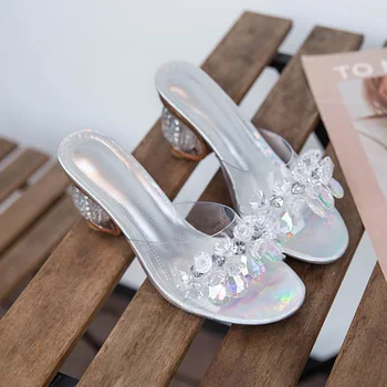 Žena Lete Crystal Dámske Papuče Transparentné Sandále Strieborná Elegantné Dámy Drahokamu Vysoké Podpätky Žien Čerpadlá Topánky 2020