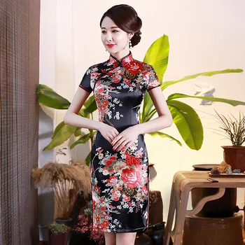 Elegantná Kvetina Tlače Ženy Krátke Slim Cheongsam Sexy Vysoká Rozdeliť Čínske Tradičné Šaty Plus Veľkosť Rayon Qipao Vestidos S-6XL