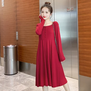 8021# Jeseň kórejský Módne Materskej Šaty s Dlhým Rukávom Slim Elegantné Oblečenie pre Tehotné Ženy Úsek Voľné Tehotenstva Šaty