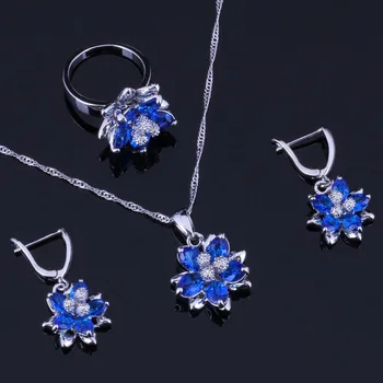 Kráľovský Kvet Blue Cubic Zirconia Biela CZ Strieborné Pozlátené Šperky, Náušnice, Sety Prívesok Reťazca Krúžok V0296