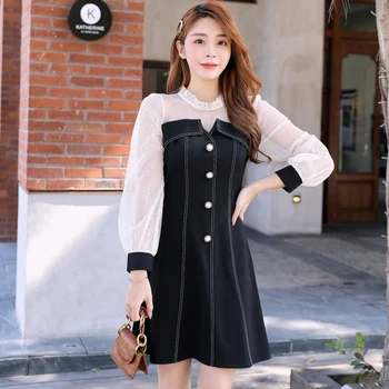 Roztomilý Čipky Ženy jednodielne šaty kórejský Nové Jarné Patchwork Šaty Black Marhuľový Rukáv 8080