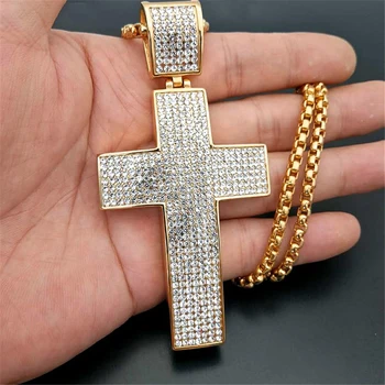 Zlatý Veľký Kríž Z Nehrdzavejúcej Ocele Náhrdelník Prívesok S Reťazca Pre Mužov, Ľadový Sa Bling Kamienkami Hip Hop Christian Šperky