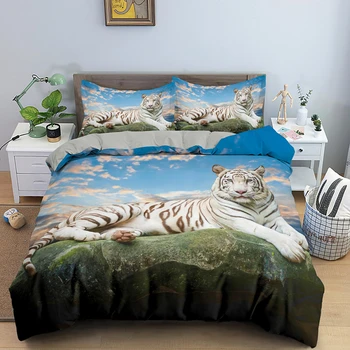 3D Zvierat Tiger posteľná bielizeň Nastaviť Obliečky Deka Perinu Jeden Kráľ, Kráľovná Veľkosť