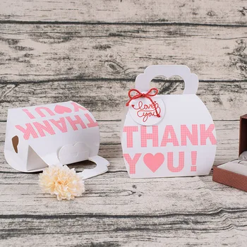 5 ks Ďakujeme, že Ste Candy Krabice S Rukoväť Srdce Design Biela Papierová Darčeková krabička Cookie Čokoláda Tašky Svadobné Party Narodeniny Dekorácie