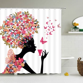 Kvet Butterfly Girl Sprchový Záves Nepremokavé Kúpeľňa krásne Ženy, Víla Sprchový Záves Polyesterovej Tkaniny Domova Háčik