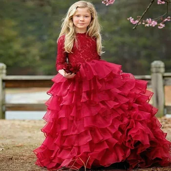 Červená Viazané Dievčatá Oblečenie S Dlhým Rukávom O Krk Organza Malá Princezná Narodeninovej Party Šaty Sprievod Šaty