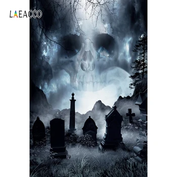 Laeacco Halloween Prostredí Lebky Cintoríne Náhrobný Hill Trávy, Stromy Fotografie Pozadia Dieťa Portrét Photophone Photozone