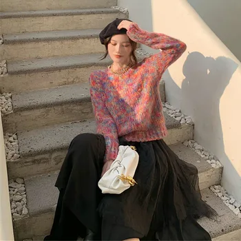 Pletené Dve Kus Ženy Rainbow Pulóver Sveter+ Elegantné, Elegantné Čierne Sukne Office Lady kórejský 2020 Jeseň Oblečenie pre Ženy
