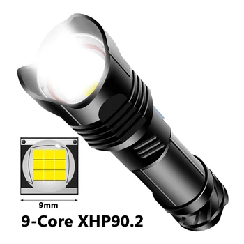 9-core XHP90.2 Najjasnejšie Led Baterka USB Nabíjateľné Power Bank Batérie Bleskové Svetlo, Pochodeň Hliníkové Zoomovateľnom Nepremokavé 30W