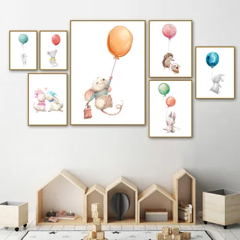 Králik Myš, Jež Balón Zvieratá Nordic Plagáty A Tlačí Na Steny Umelecké Plátno Na Maľovanie Škôlky Stenu Obrázky Detská Izba Decor