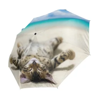 Mačka Leží Na Pláži Vytlačené Automatický Dáždnik Vietor Odolný Skladací Dážď Ženy Vetru Dáždniky Dážď Pre Mužov Čierny Povlak