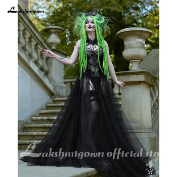 Gotický Čierne Dlhé Svadobné Šaty 2021 Sexy Svadobné Šaty Vestidos De Novia Sexy Tylu Svadobné Šaty Trouwjurk Plus Veľkosť