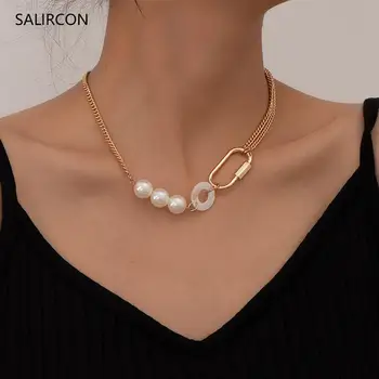 Salircon Kpop Zámok Imitácia Perly Retiazky Náhrdelníky pre Ženy Geometrické Unikátna Jemná Shell Choker Náhrdelník Šperky 2020 Trend