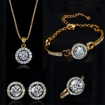 Jednoduchá Žena White Crystal Šperky Set Kúzlo Zlato Strieborná Farba Stud Náušnice Pre Ženy Roztomilý Prsteň Náramok Svadobné Reťazca Náhrdelník