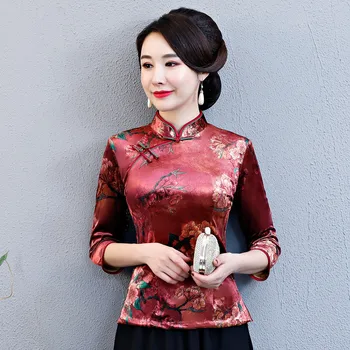 2019 Letné Tričko Retro Čínsky štýl, Dámske Mandarin Golier Blúzka Lady Oblečenie cheongsam Krátke Qipao Šaty Plus Veľkosť S-4XL