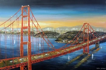 Ručne maľované Golden Gate Bridge Brilantné Orange, Sunrise, San Francisco Bay olejomaľba doprava zadarmo Vysokej kvality