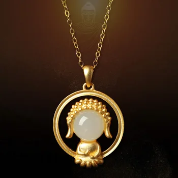 Prírodné Hetian Jade Dieťa Buddha Náhrdelník Prívesok 925 Striebro Módne Šperky Chalcedony Amulet Darčeky pre Ženy