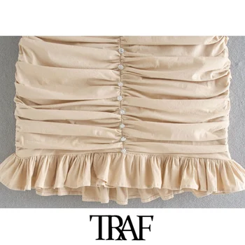 TRAF Ženy Elegantný Módy Appliques Rozstrapatené Skladaný Mini Sukne Vintage Vysoký Pás Späť na Zips Ženské Sukne Mujer