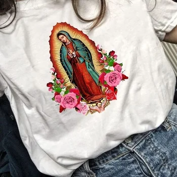 HAHAYULE-JBH Guadalupe Svätého Panny Márie S Ružami T-Shirt dámske Ležérne Krátke Rukávy Christian Tee Katolíckej Viery Tričko