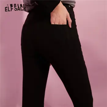 ELFSACK Black Pevné Minimalistický Bežné Ženy Chudá Ceruzkou Nohavice,2020 Jeseň ELF Čistý kórejský Dámy Teplé Základné Denne Dna