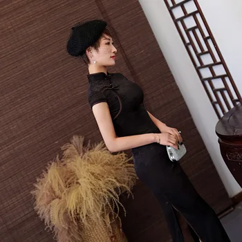 Tradičná Čínska Krátky Rukáv Korytnačka Crack Cheongsam Sexy Split Lady Spoločenské Šaty Mandarin Golier Dlho Qipao