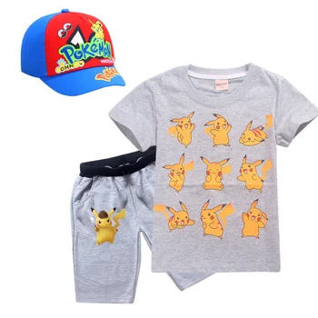 Anime Pokemon Ísť Cosplay Kostým T-shirt Sada pre Chlapcov, Dievčatá, Doplnky, Klobúky šiltovku Deti Pocket Monster Oblečenie Košele