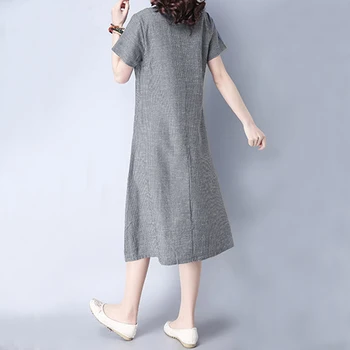 Elifashion nové Literárne Voľné Prúžok Bavlna& Bielizeň tvaru Krátkym rukávom Šaty Žena Mid-dĺžka-line Šaty Módneho v lete