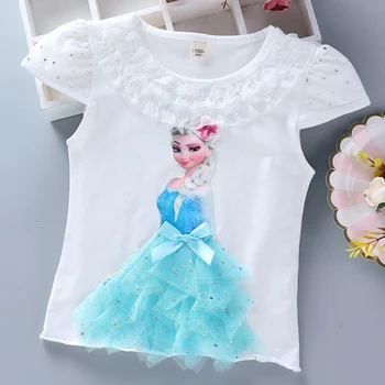 Disney Dievčatá v Lete Princezná T-Shirt Elsa Childen Bavlna Tees Čipky T Shirt 3D Diamond Appliques Deti Narodeninovej Party vrchné Oblečenie