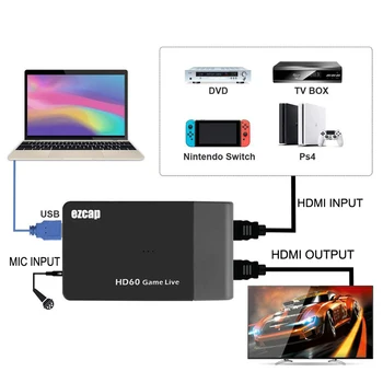 USB 3.0 HDMI Video Capture Karty 4K 1080P Hra Live Streaming Mic v Loop Out HDMI Kábel pre iPhone Prepínač XBOX PS4 OBS Vysielanie