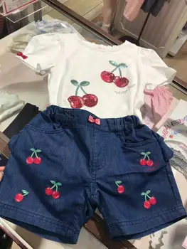 Baby dievčatá oblečenie pre deti letné topy Štýlový sequin cherry vzor biele tričko zo bavlny, mäkké topy short-sleeve t-shirt