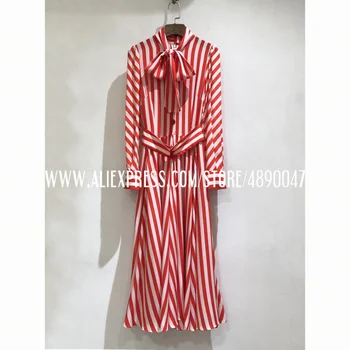 Červené biele pruhované hodvábne šaty 2021 vysoko kvalitné dámske shirtdress Dlhý Rukáv Šatku Golier Šaty Jar Jeseň Dlhé Šaty