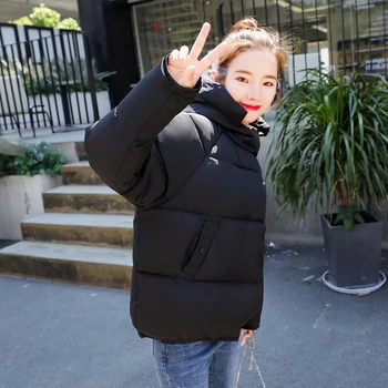 ženy black kapucňou hrubé bavlna čalúnená bundy pevné voľné kórejský vetrovka 2020 zimné bežné outwear nadrozmerné mujer coats dámy