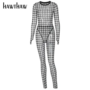 Hawthaw Ženy Jeseň Dlhý Rukáv Vidieť Cez Mesh Tlačené Kombinézu Dlhé Nohavice Kus Dvoch Sád 2020 Jeseň Šaty, Oblek Streetwear