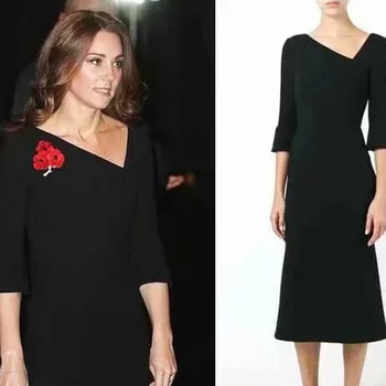 Kate Middleton Dráhy Vysokej Kvality Jeseň Nové Žien Práce Strana Sexy Vintage Elegantné Nepravidelný Golier Čierna Biela Módne Šaty