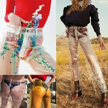 Nové Módne PVC Plastu Nepremokavé Nohavice uvidíme, aj Keď Unikátny Transparentný Pevné Vysoký Pás Širokú Nohu, Nohavice Voľné Nohavice Streetwear