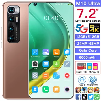 Neurčená SmartPhone Xiao M10 Utra Globálna Verzia 7.2 palcový Octa-Core Odomknutý 6000mAh Android 10.0 5G Mobilný Telefón