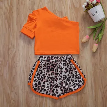 2020 Bežné Batoľa, Dieťa Dievča Šaty Jedno Rameno Hore +Leopard Šortky 2ks Letné Oblečenie S Lukom 1-4Y