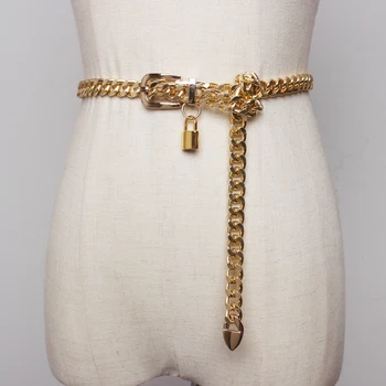 Zlatá reťaz pás zámok kovové pásy pre ženy kubánskej kľúčenky striebro punks šaty opasok dlho ketting riem cummerbunds
