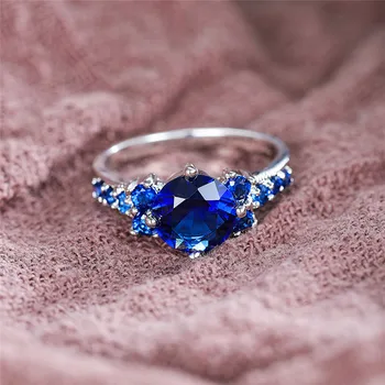 Luxusné Žena Modré Crystal Kamenný Kruh Roztomilý Zirkón Tenké Snubné Prstene Pre Ženy Klasické Svadobné Kolo Zásnubný Prsteň