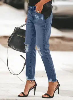 Jesenné a zimné novej dámskej módy bežné slim fit univerzálny vysoko strede zúžený perforované surové okraja umyté Capris elastické jeans
