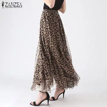 Sexy Leopard Tlač Sukne dámske Letné Maxi Vestido ZANZEA Bežné Vysoko Elastický Pás Faldas Saia Žena Plážové Oblečenie Plus Veľkosť