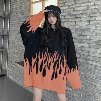 Jeseň Zima Harajuku Sveter Ženy kórejský O-krku Pulóver Hip Hop Pletenie Svetrov Voľné Lumbálna Knitwear Oblečenie Žena